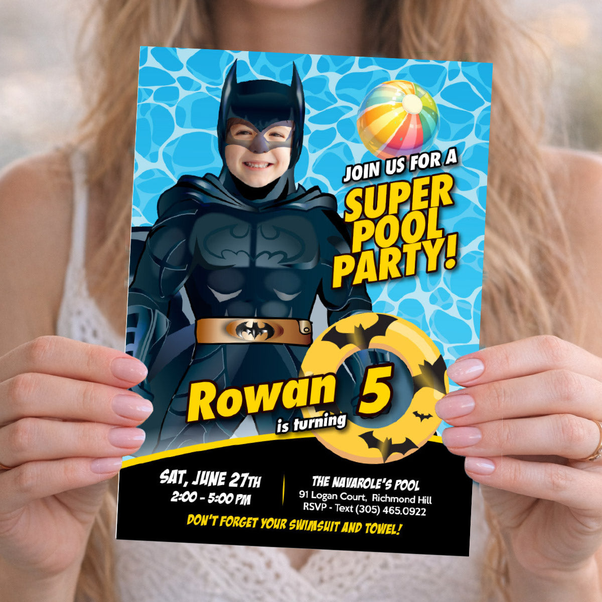 Custom Batman Pool Party birthday Invitation with kid as Batman, Batman Splash invite. 2451IN