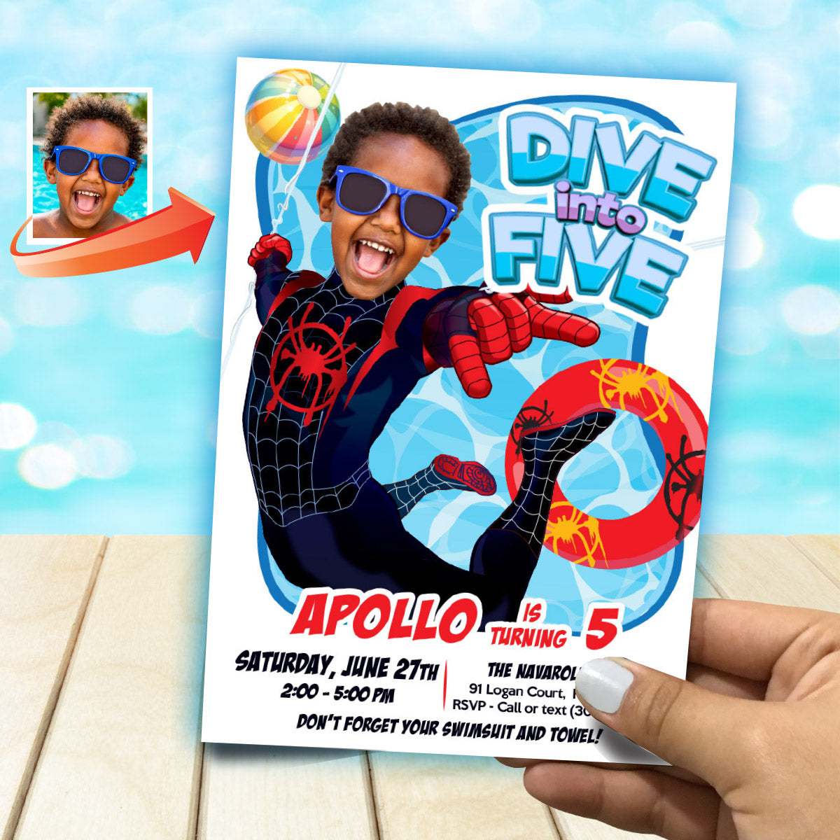 Custom Miles Morales Dive into Age Pool Party Invitation with photo (Digital, Printable) 2453IN2
