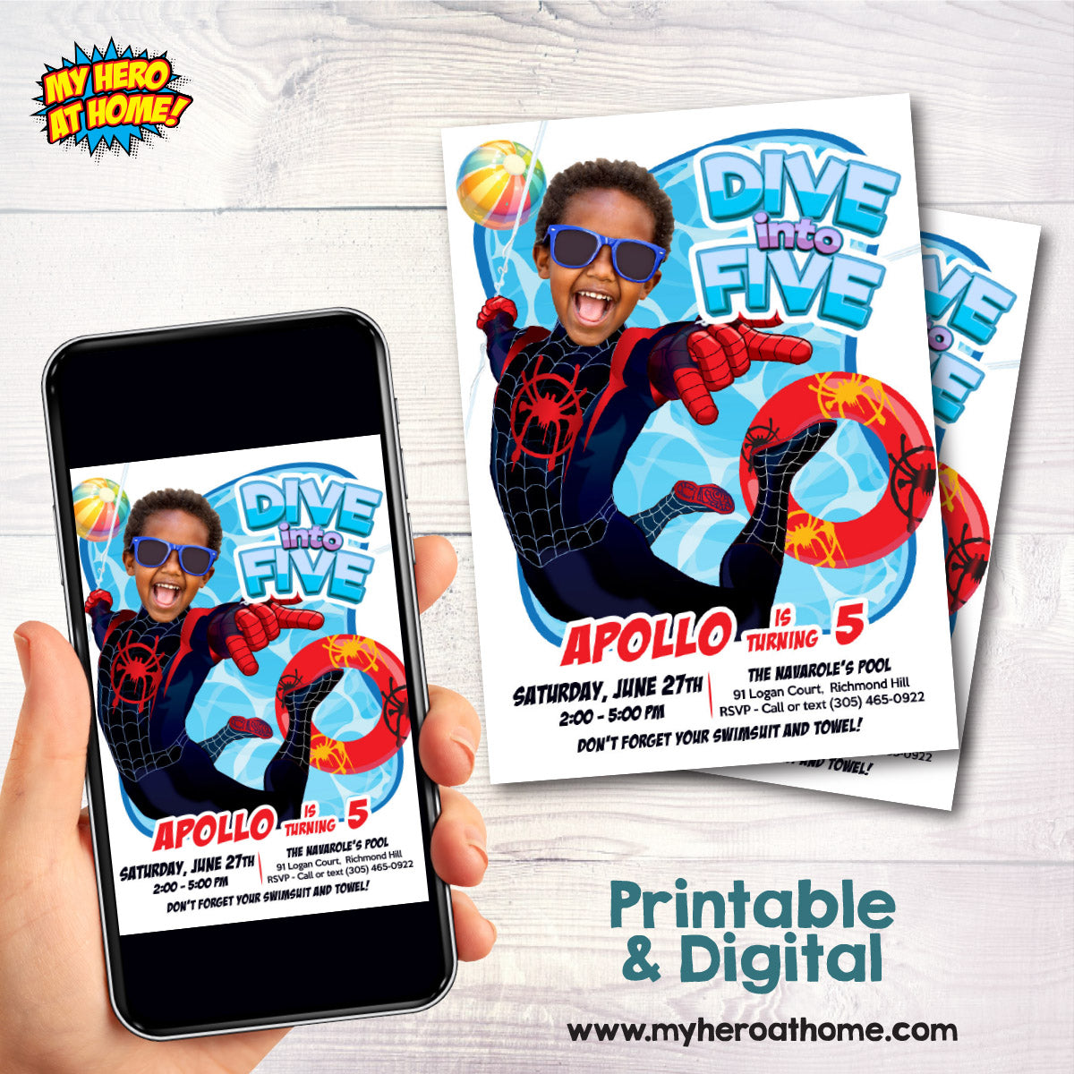 Custom Miles Morales Dive into Age Pool Party Invitation with photo (Digital, Printable) 2453IN2
