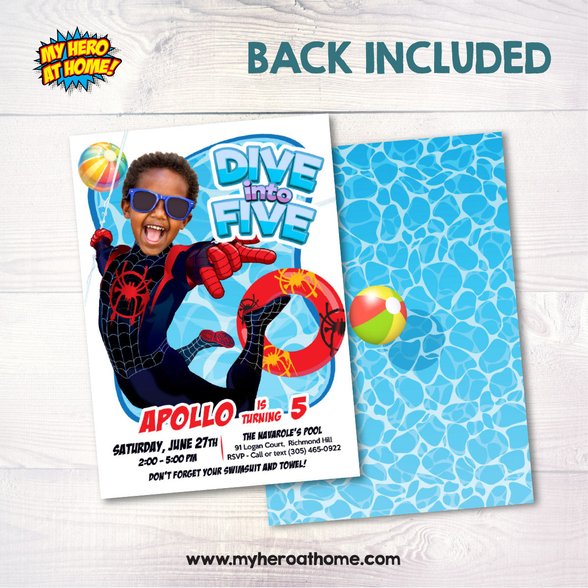Custom Miles Morales Dive into Age Pool Party Invitation with photo (Digital, Printable) 2453IN2