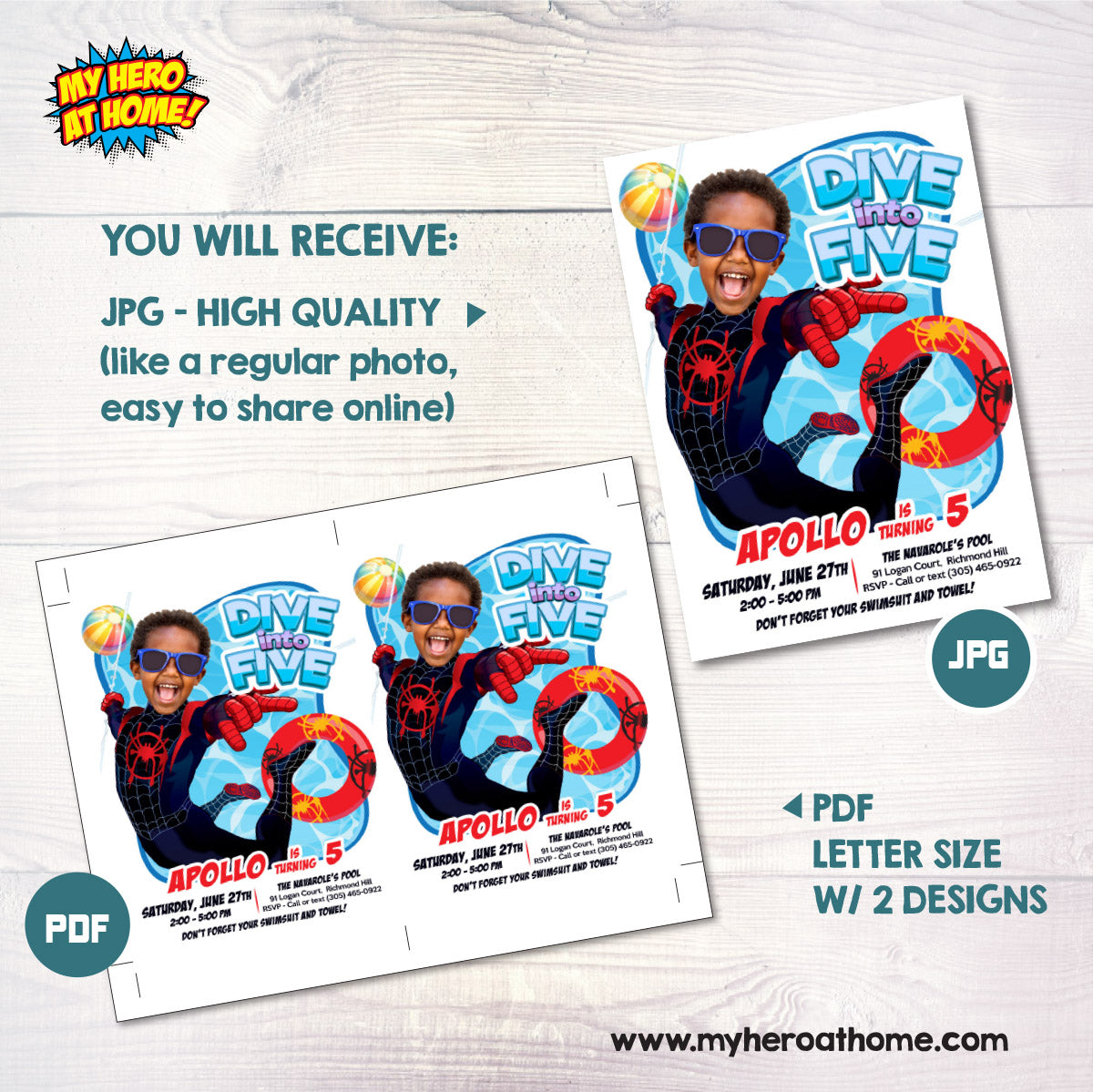 Custom Miles Morales Dive into Age Pool Party Invitation with photo (Digital, Printable) 2453IN2