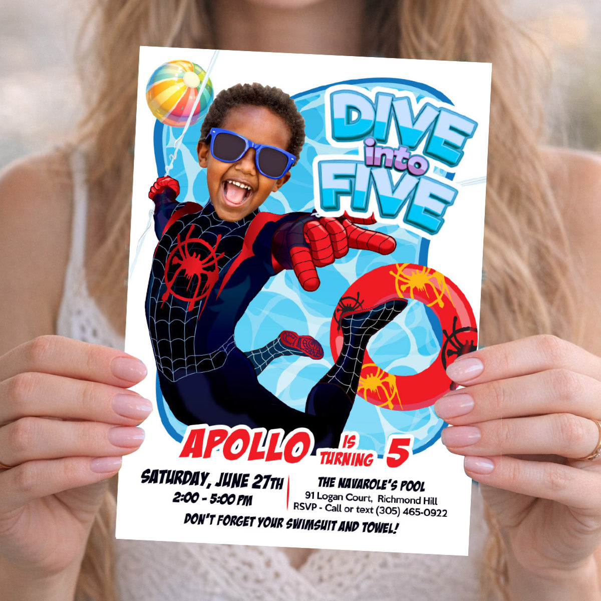 Custom Miles Morales Dive into Age Pool Party Invitation with photo (Digital, Printable) 2453IN2