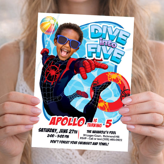Custom Miles Morales Dive into Age Pool Party Invitation with photo (Digital, Printable) 2453IN2