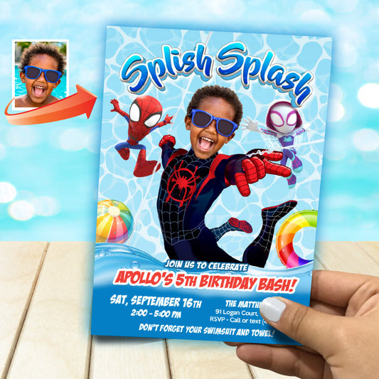 Personalized Miles Morales Splash Birthday Party Invitation with photo. 2453IN3