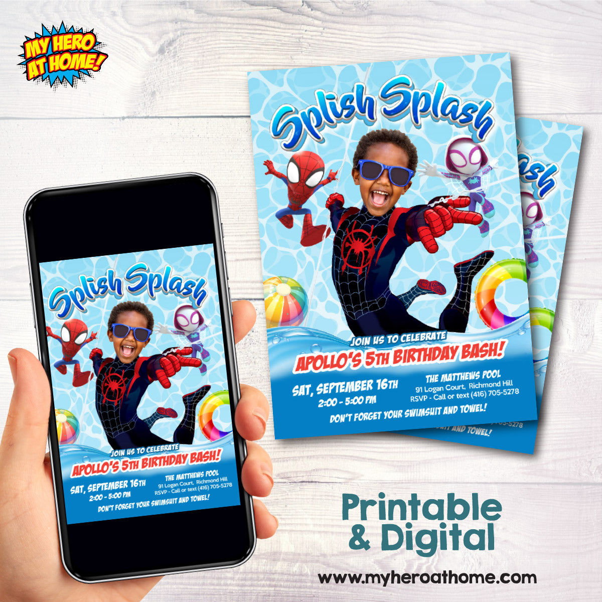 Personalized Miles Morales Splash Birthday Party Invitation with photo. 2453IN3