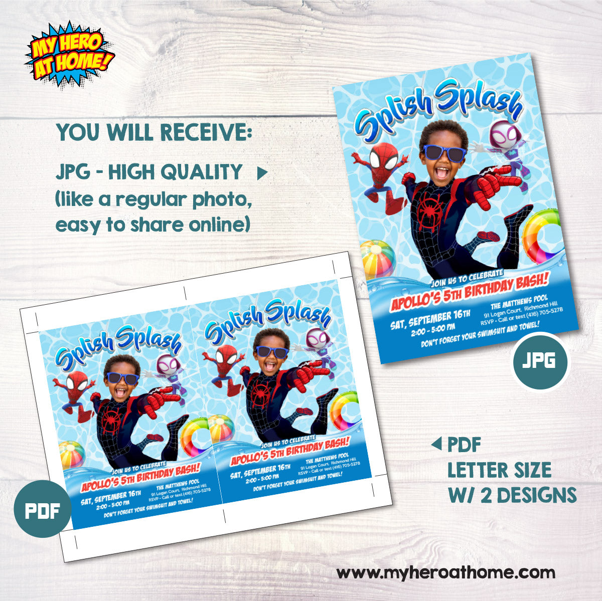 Personalized Miles Morales Splash Birthday Party Invitation with photo. 2453IN3