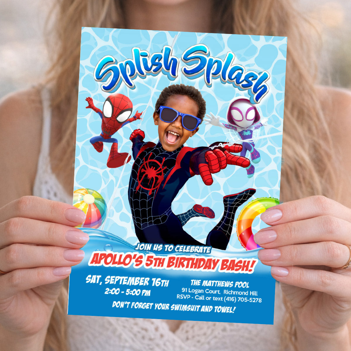 Personalized Miles Morales Splash Birthday Party Invitation with photo. 2453IN3
