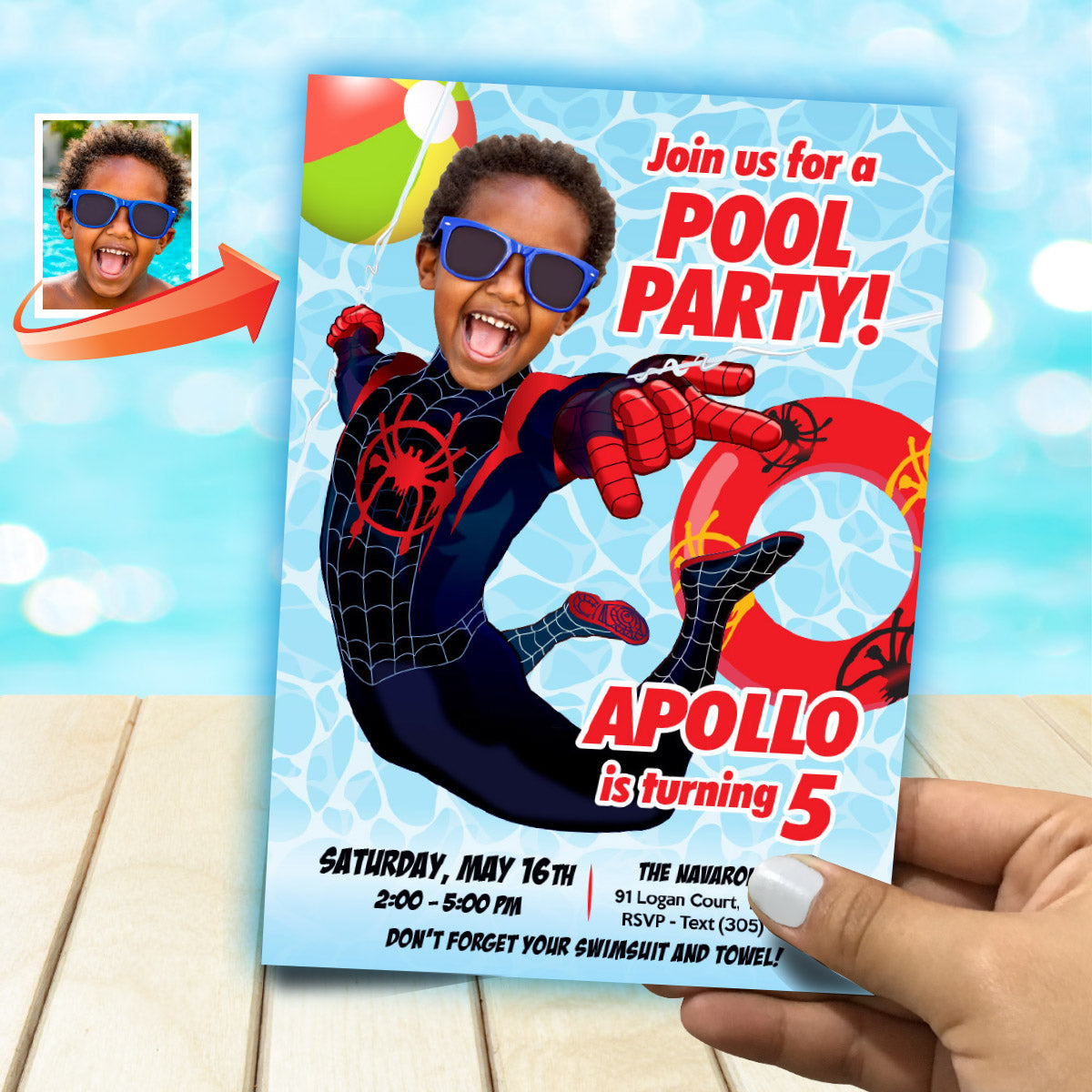 Spider-Verse Pool Party Invitation featuring kid as Miles Morales (Digital, Printable) 2453IN
