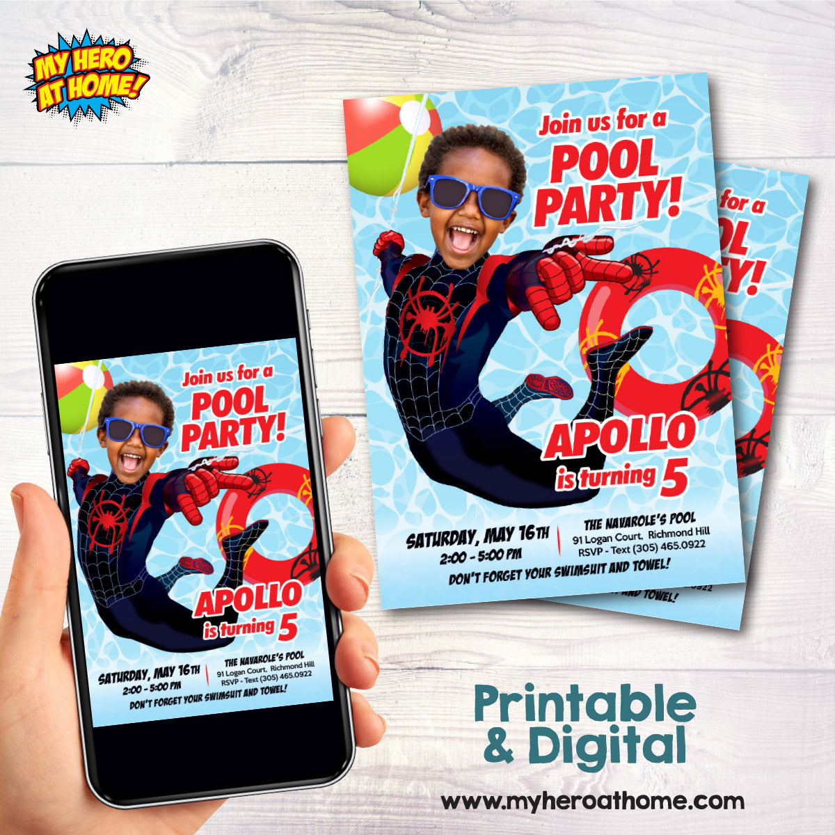 Spider-Verse Pool Party Invitation featuring kid as Miles Morales (Digital, Printable) 2453IN