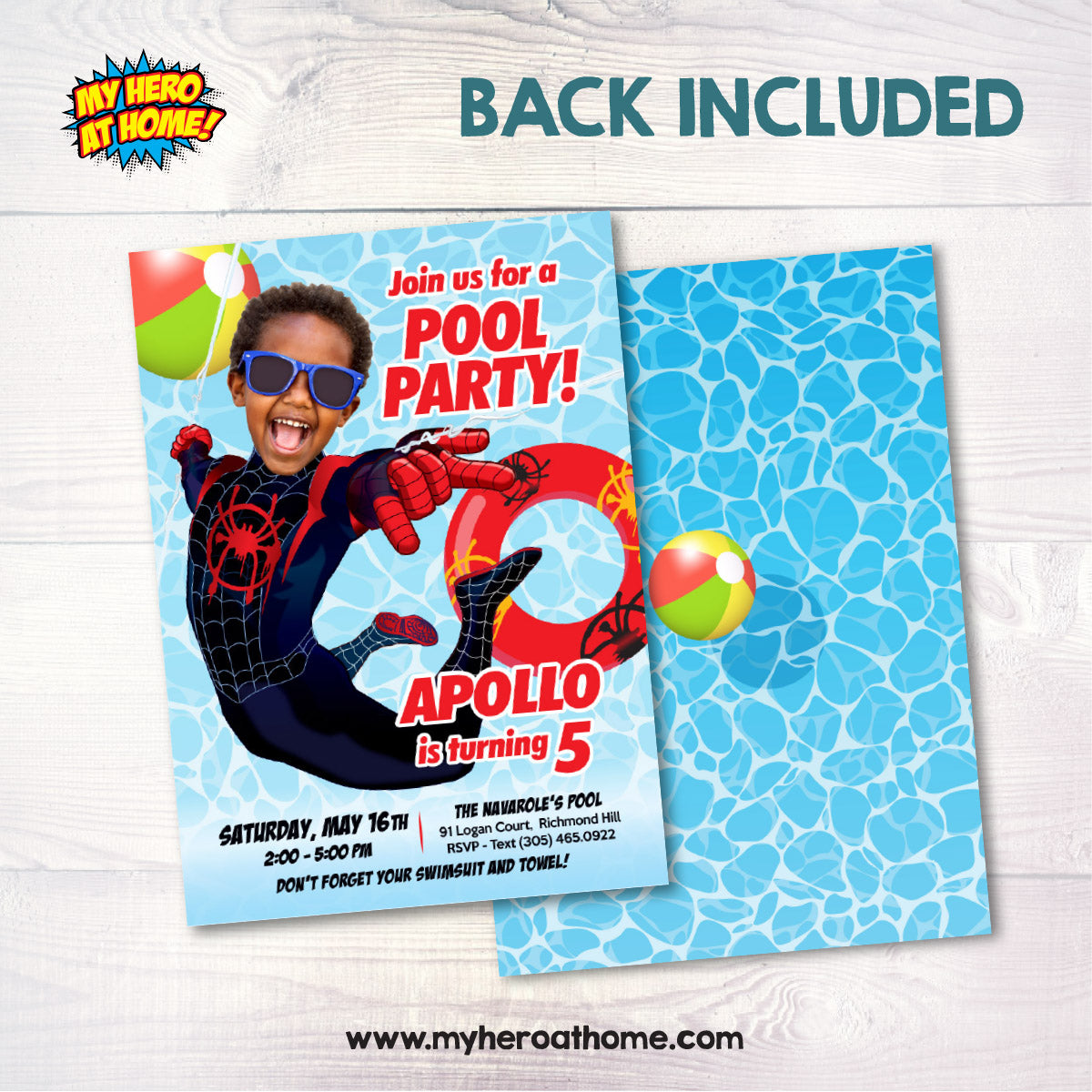 Spider-Verse Pool Party Invitation featuring kid as Miles Morales (Digital, Printable) 2453IN