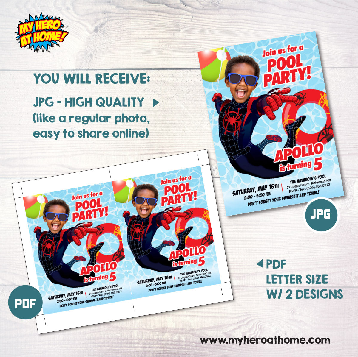 Spider-Verse Pool Party Invitation featuring kid as Miles Morales (Digital, Printable) 2453IN