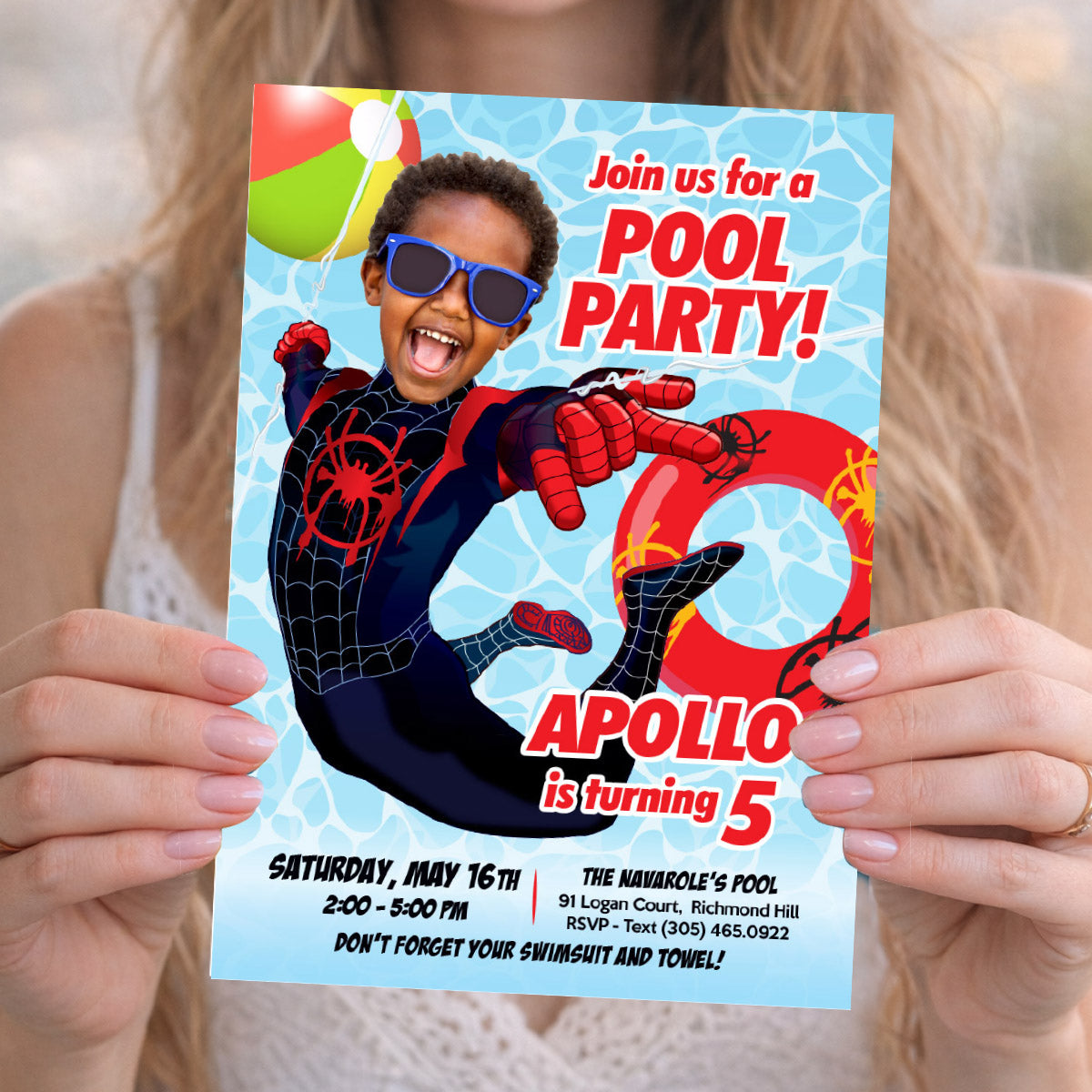Spider-Verse Pool Party Invitation featuring kid as Miles Morales (Digital, Printable) 2453IN