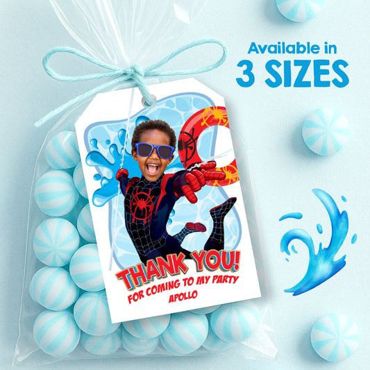 Spider-Verse Pool Party Thank You Favor Tags with birthday child as Miles Morales. 2453TY2