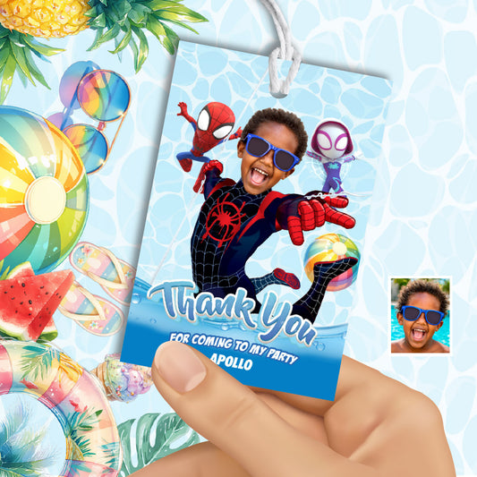 Miles Morales Splash Party Thank You, Favors Tags with photo (3 sizes included). 2453TY3