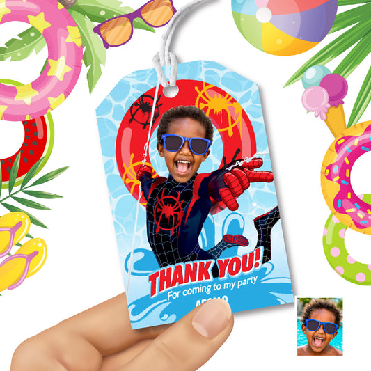 Custom Miles Morales Pool Party Thank You Favor Tags with birthday kid as the star. 2453TY