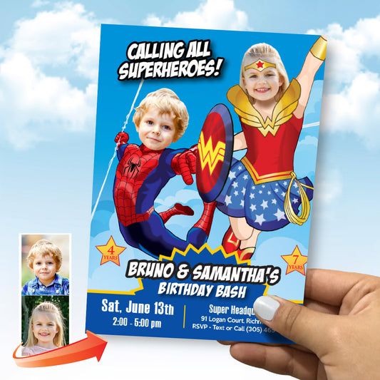 Joint Wonder Woman and Spider-Man birthday party Invitation with photos. 2455IN1