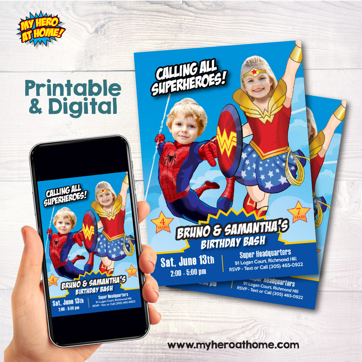 Joint Wonder Woman and Spider-Man birthday party Invitation with photos. 2455IN1