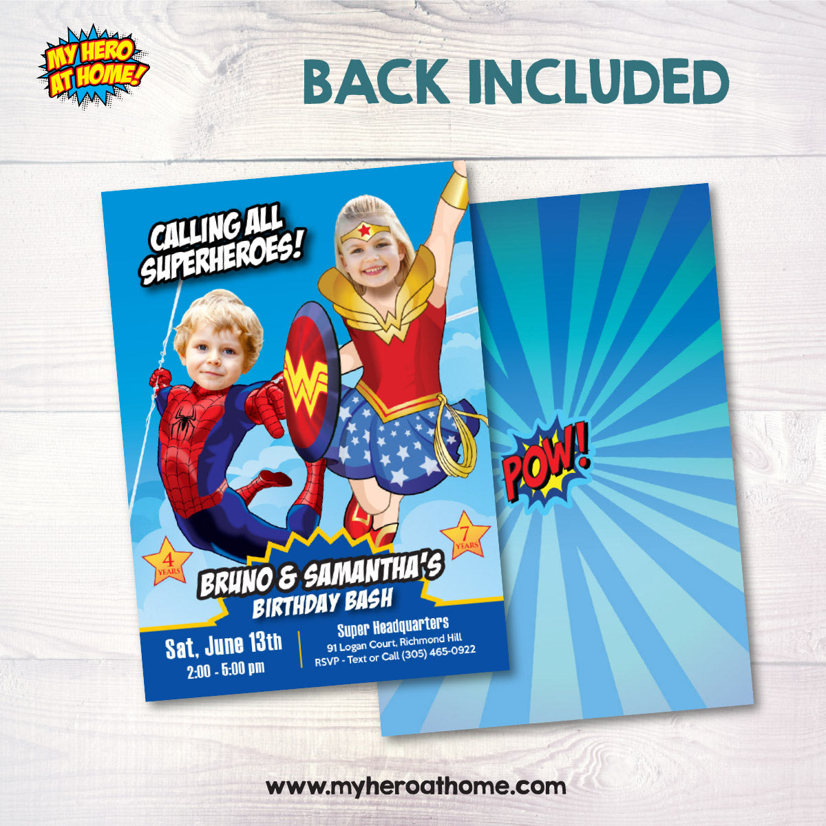 Joint Wonder Woman and Spider-Man birthday party Invitation with photos. 2455IN1