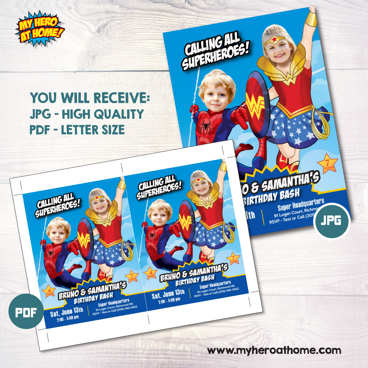 Joint Wonder Woman and Spider-Man birthday party Invitation with photos. 2455IN1