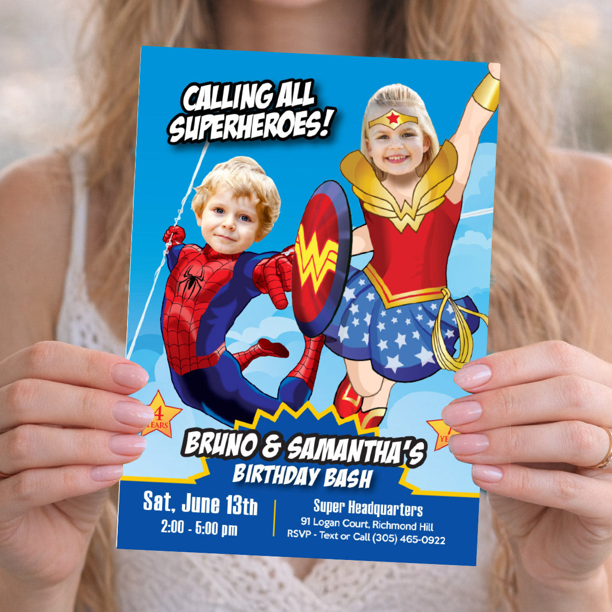 Joint Wonder Woman and Spider-Man birthday party Invitation with photos. 2455IN1