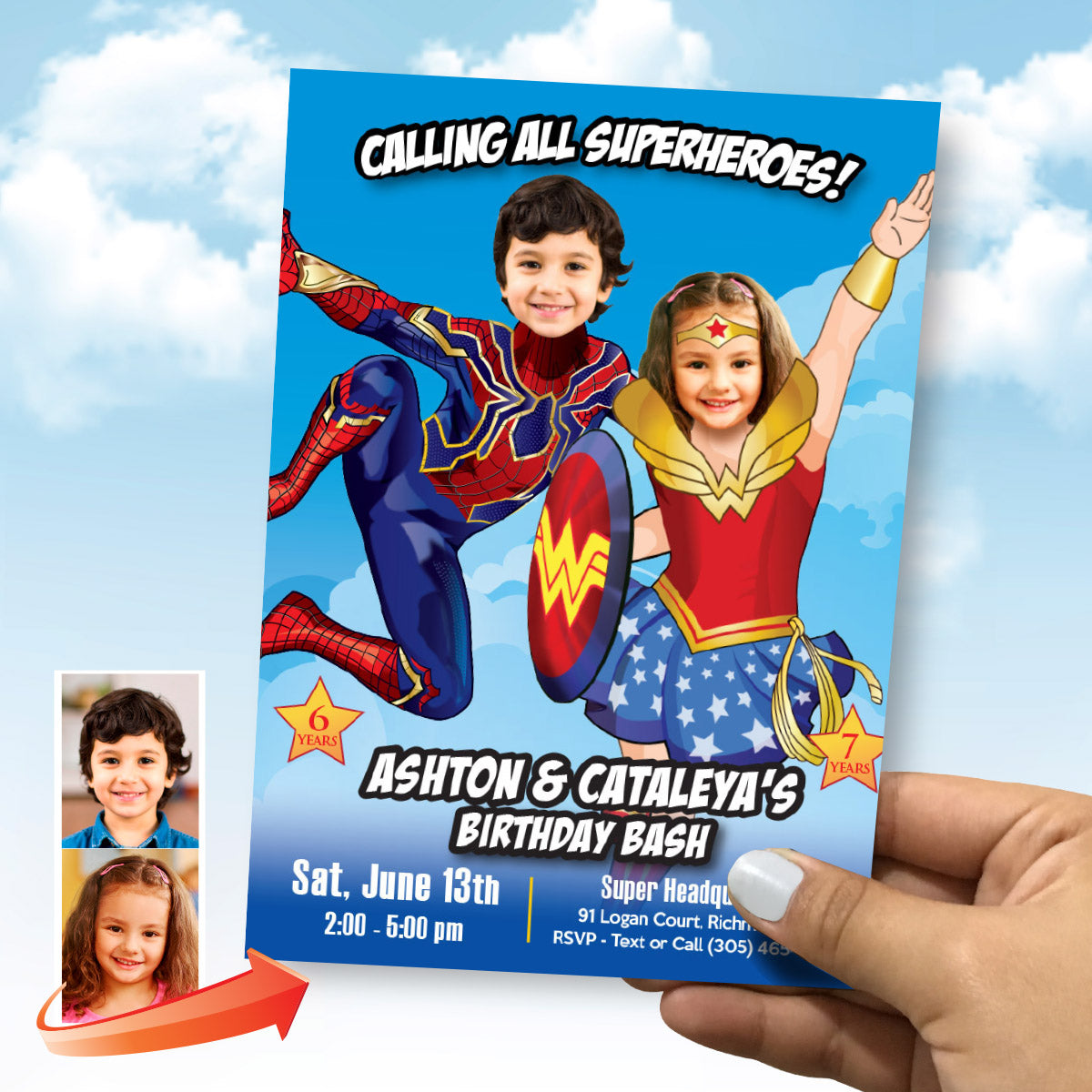 Wonder Woman and Iron Spideman Siblings Birthday Invitation with photos. 2455IN2