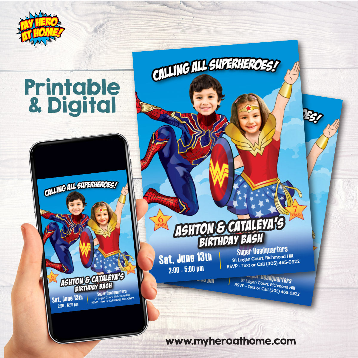 Wonder Woman and Iron Spideman Siblings Birthday Invitation with photos. 2455IN2