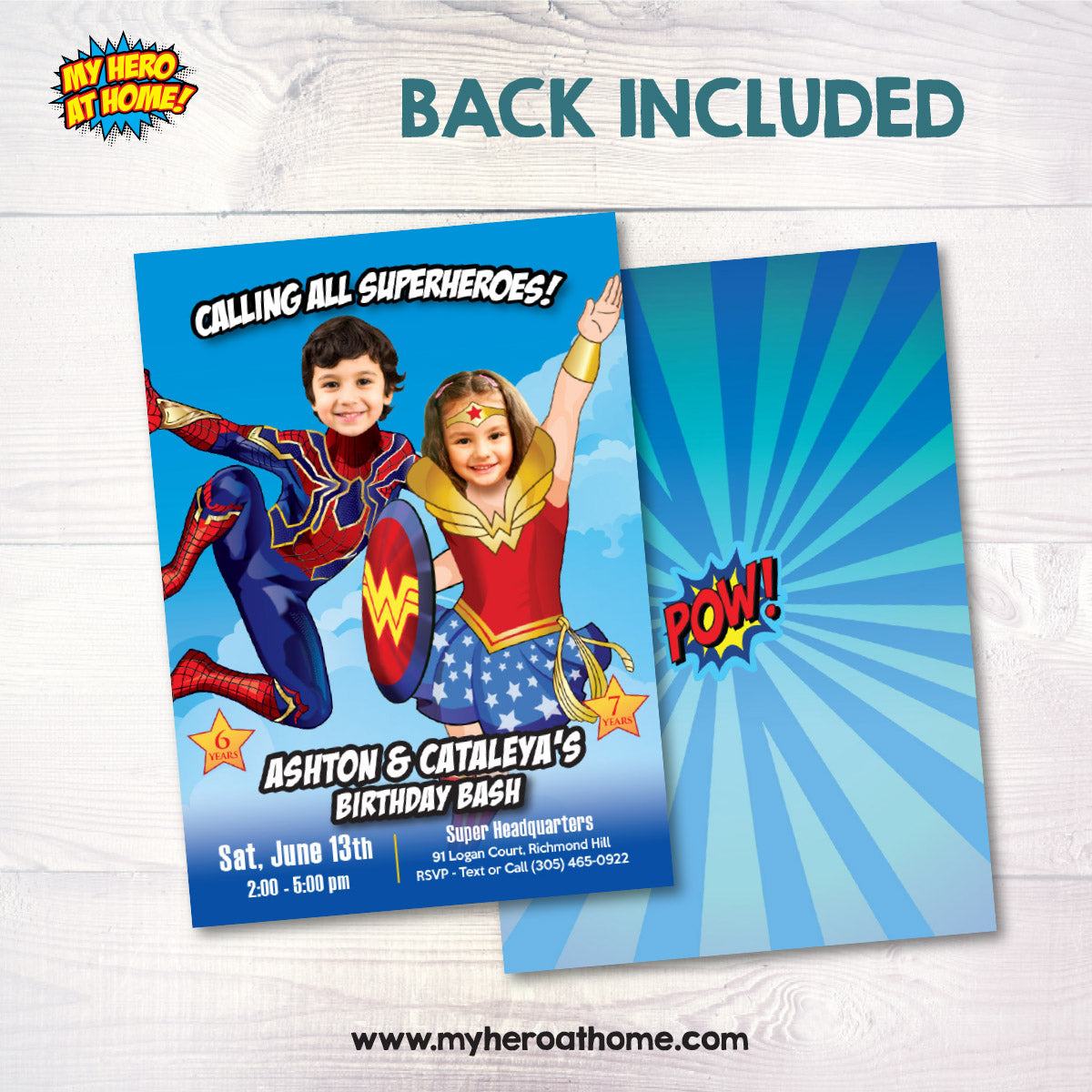 Wonder Woman and Iron Spideman Siblings Birthday Invitation with photos. 2455IN2