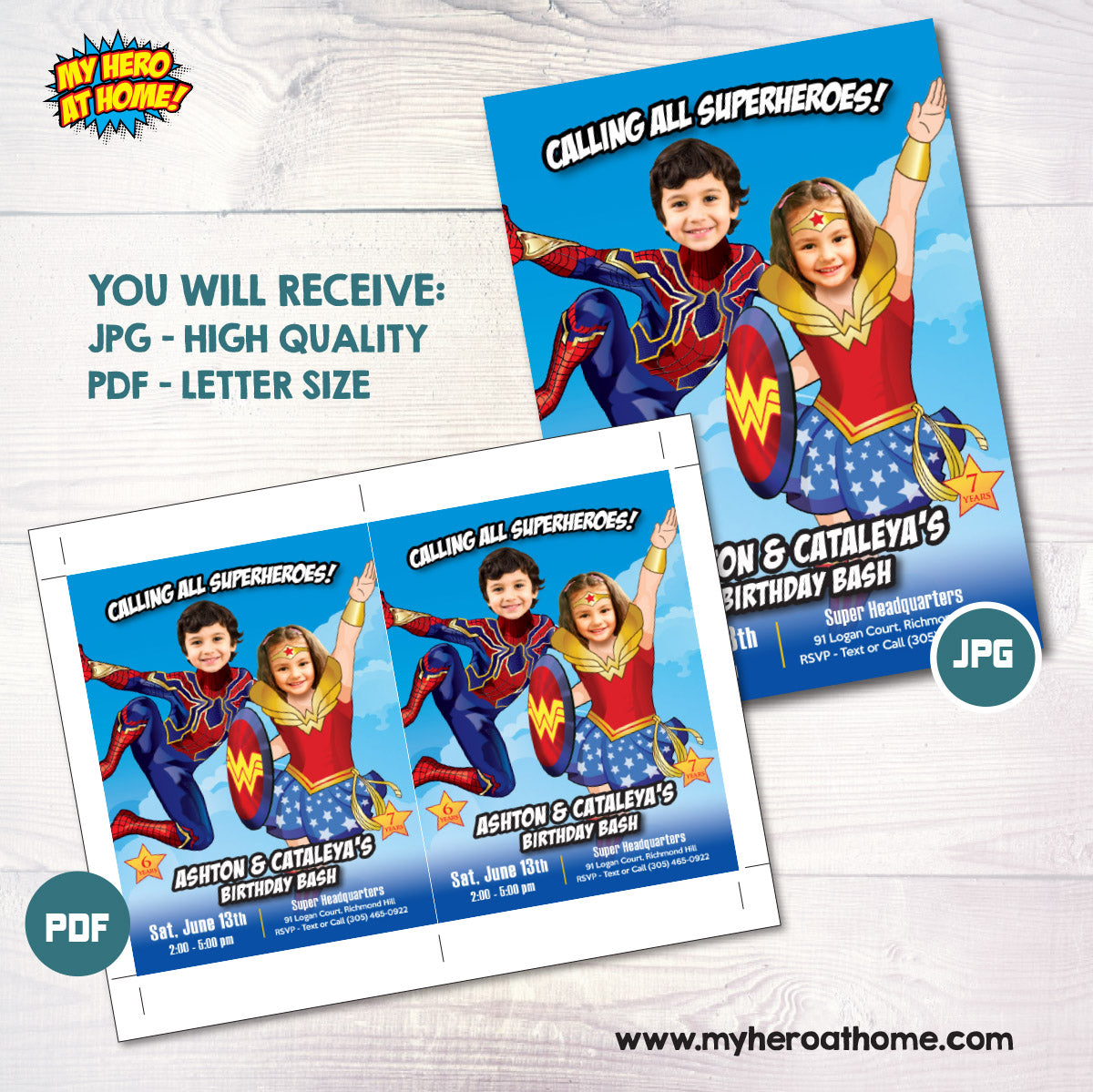 Wonder Woman and Iron Spideman Siblings Birthday Invitation with photos. 2455IN2