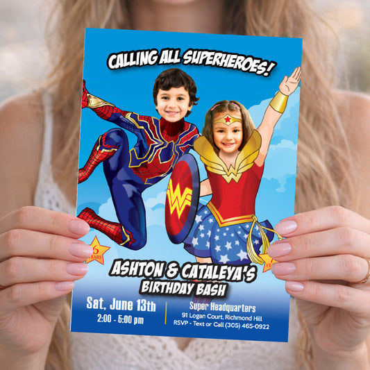 Wonder Woman and Iron Spideman Siblings Birthday Invitation with photos. 2455IN2
