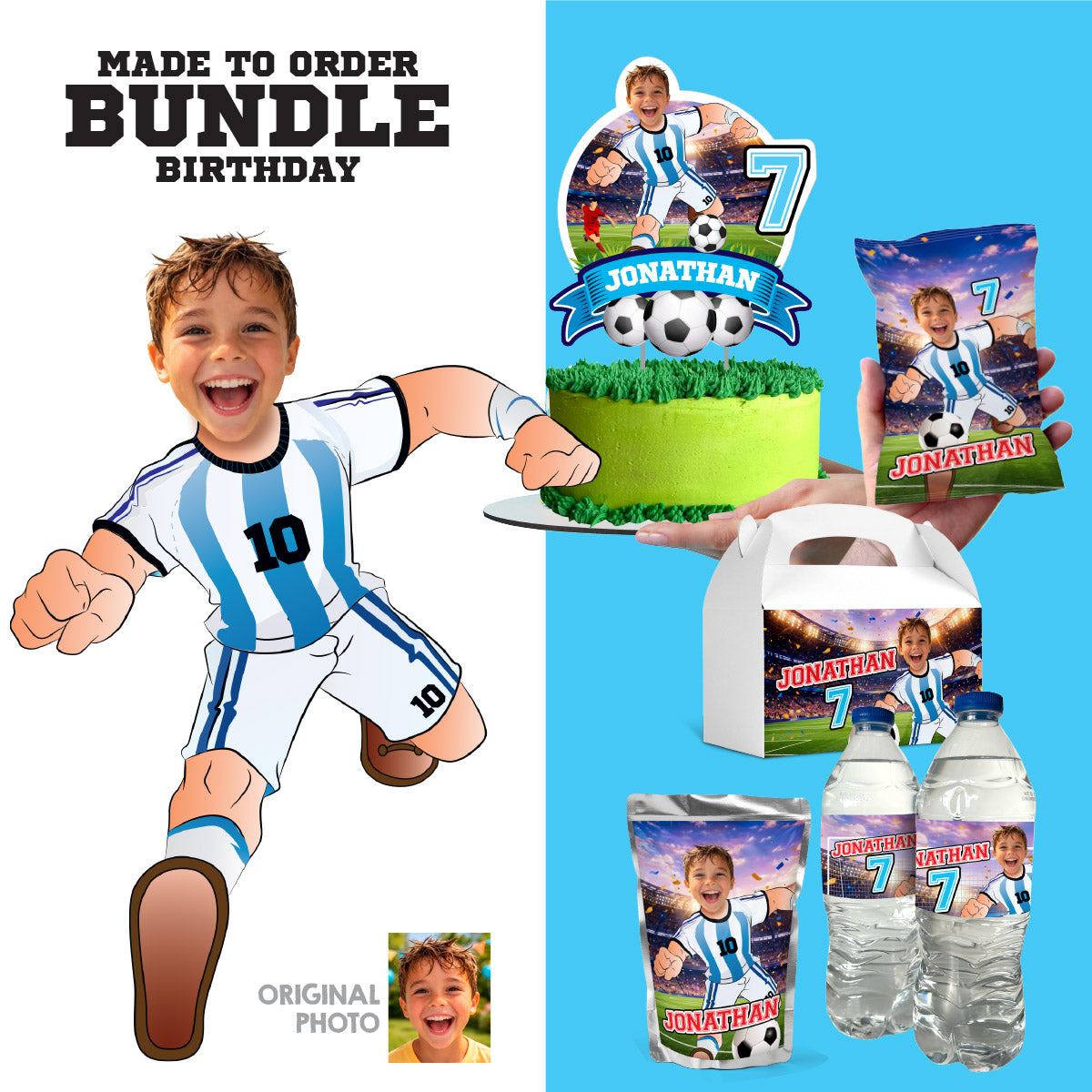 Matching Birthday Items For A Messi Soccer Table Party, Cake, Drinks, Chips, Favors. 2456B1