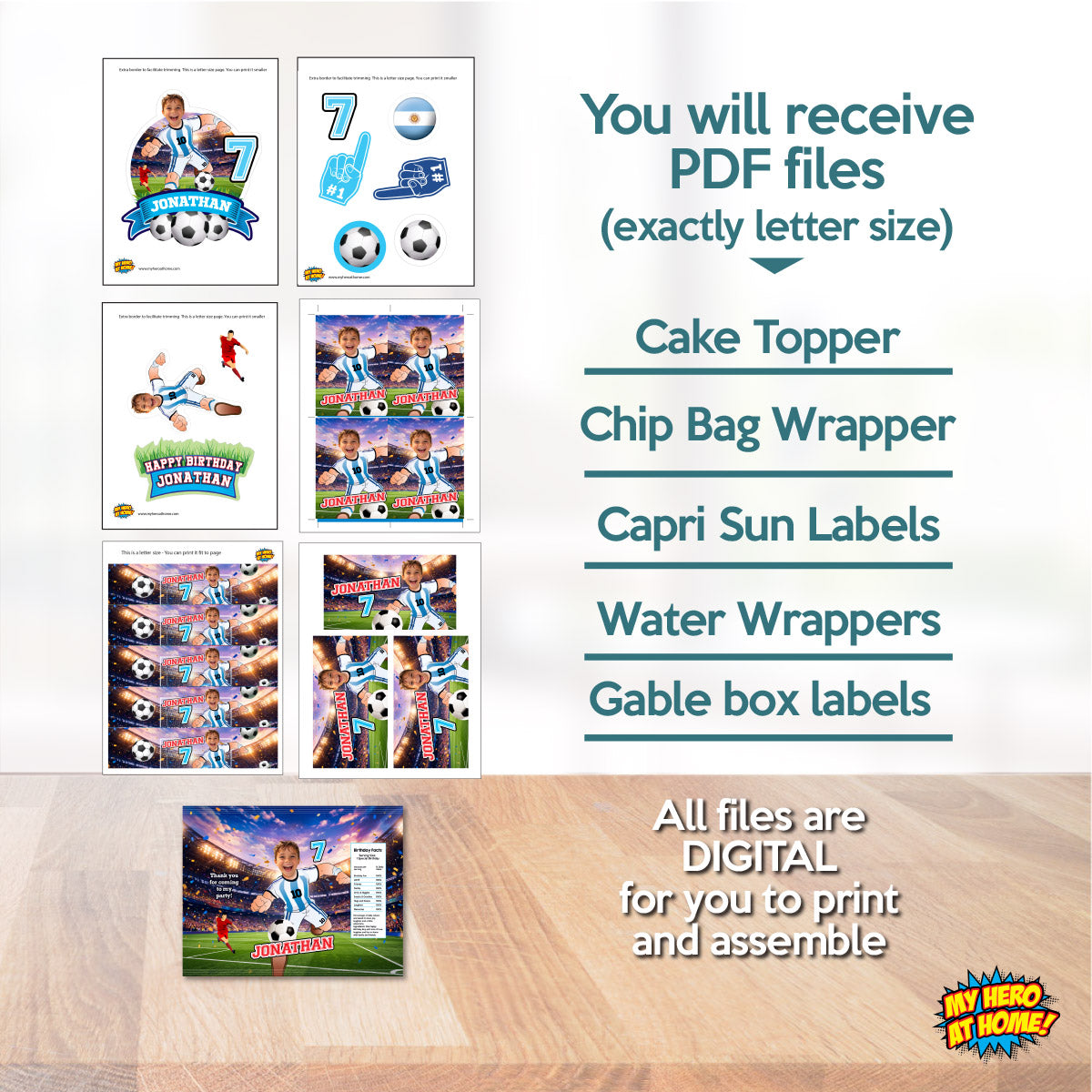 Matching Birthday Items For A Messi Soccer Table Party, Cake, Drinks, Chips, Favors. 2456B1