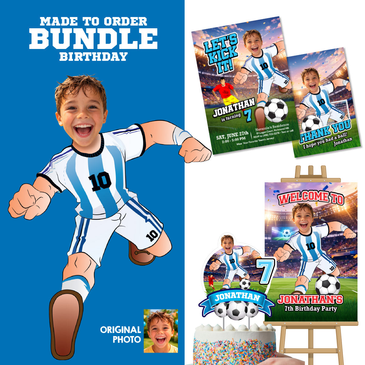 Personalized bundle for an Argentina soccer themed birthday Party with kid as Messi. 2456B2