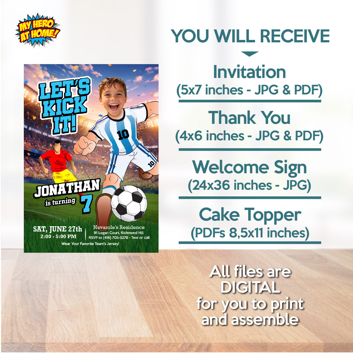 Personalized bundle for an Argentina soccer themed birthday Party with kid as Messi. 2456B2