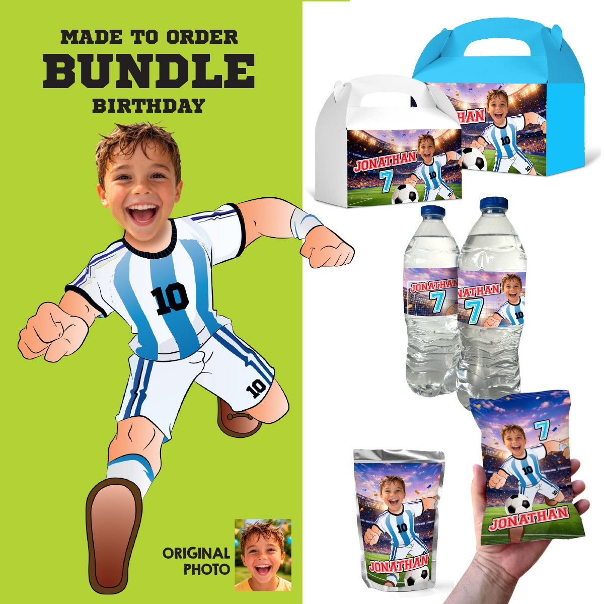 Matching snacks labels Bundle for an Argentina Soccer birthday themed personalized with photo. 2456B3