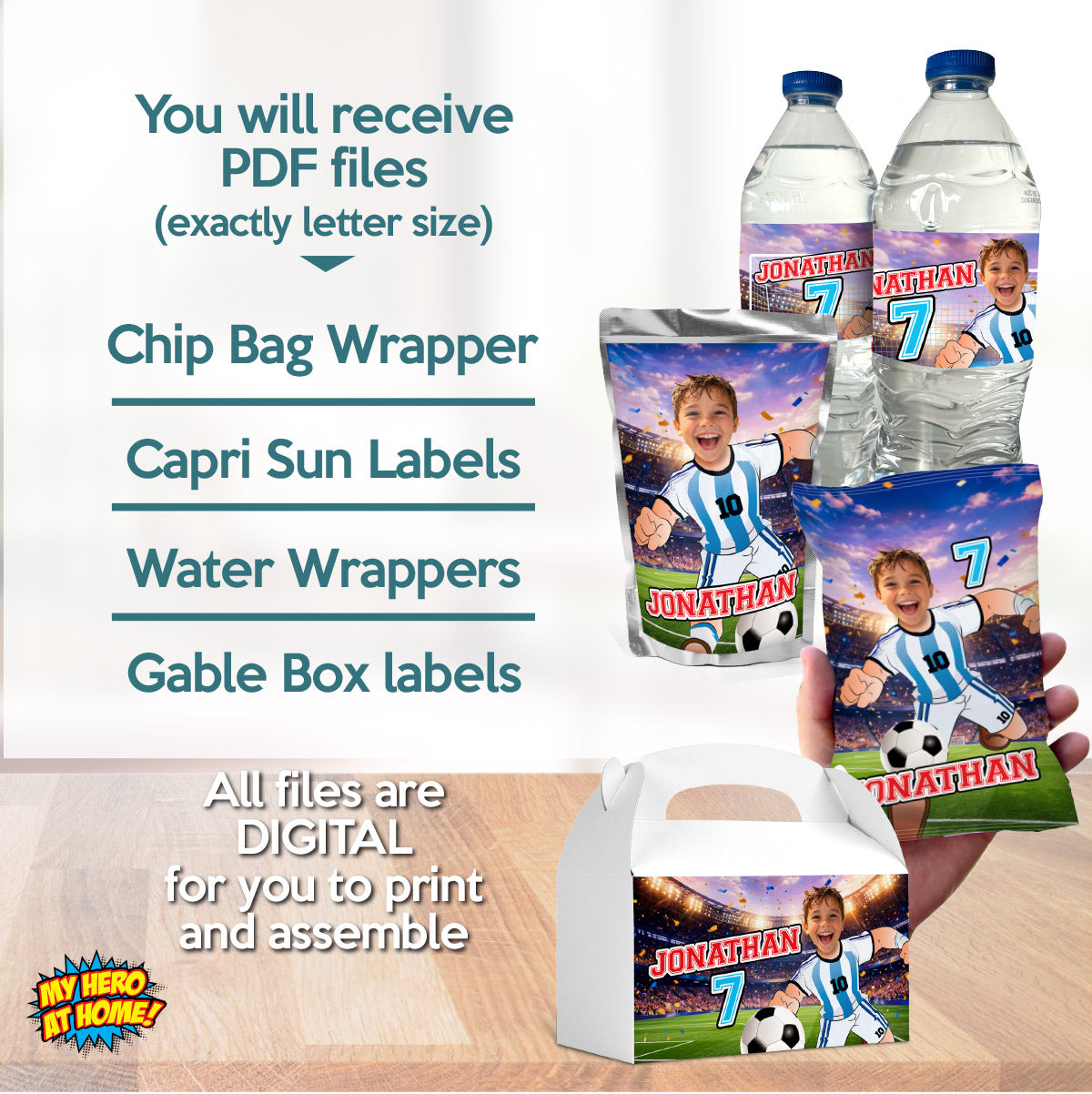 Matching snacks labels Bundle for an Argentina Soccer birthday themed personalized with photo. 2456B3