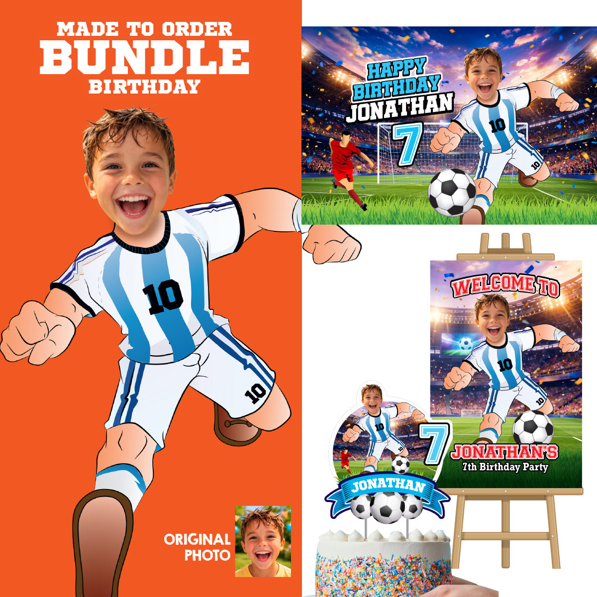 Custom Argentina Soccer party Bundle with photo, Messi backdrop, cake, welcome. 2456B4
