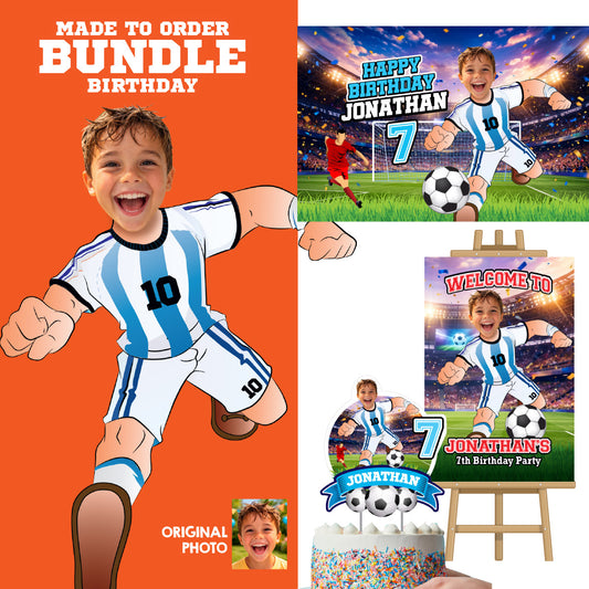 Custom Argentina Soccer party Bundle with photo, Messi backdrop, cake, welcome. 2456B4