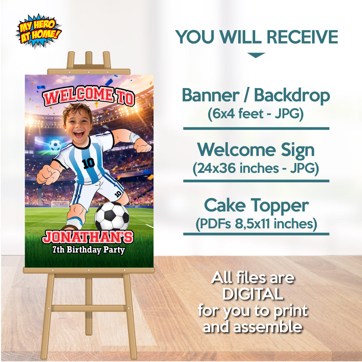 Custom Argentina Soccer party Bundle with photo, Messi backdrop, cake, welcome. 2456B4