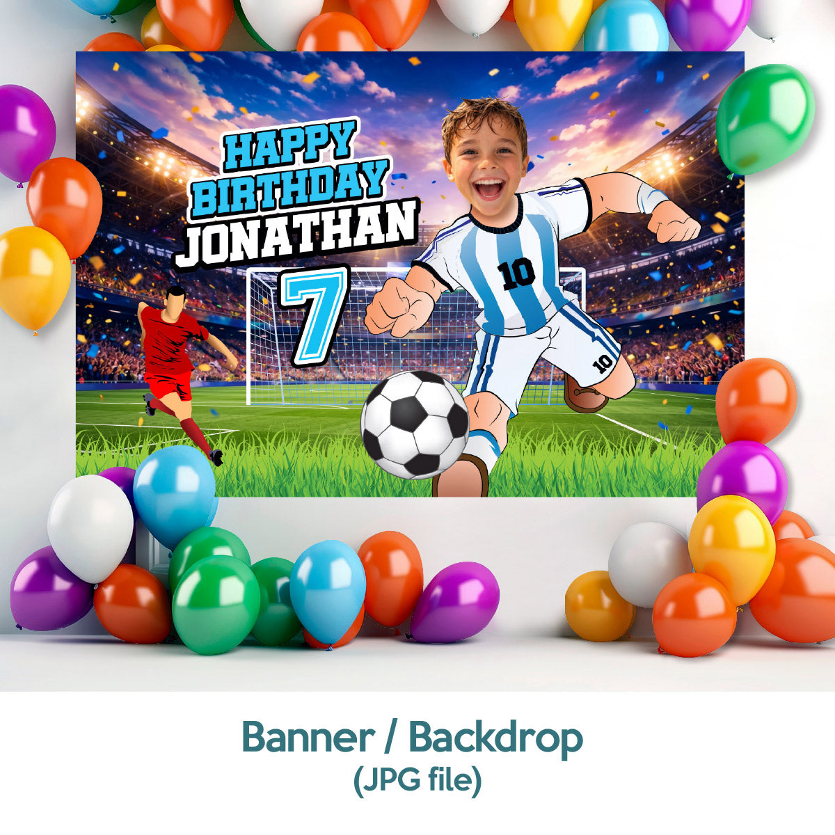 Custom Argentina Soccer party Bundle with photo, Messi backdrop, cake, welcome. 2456B4