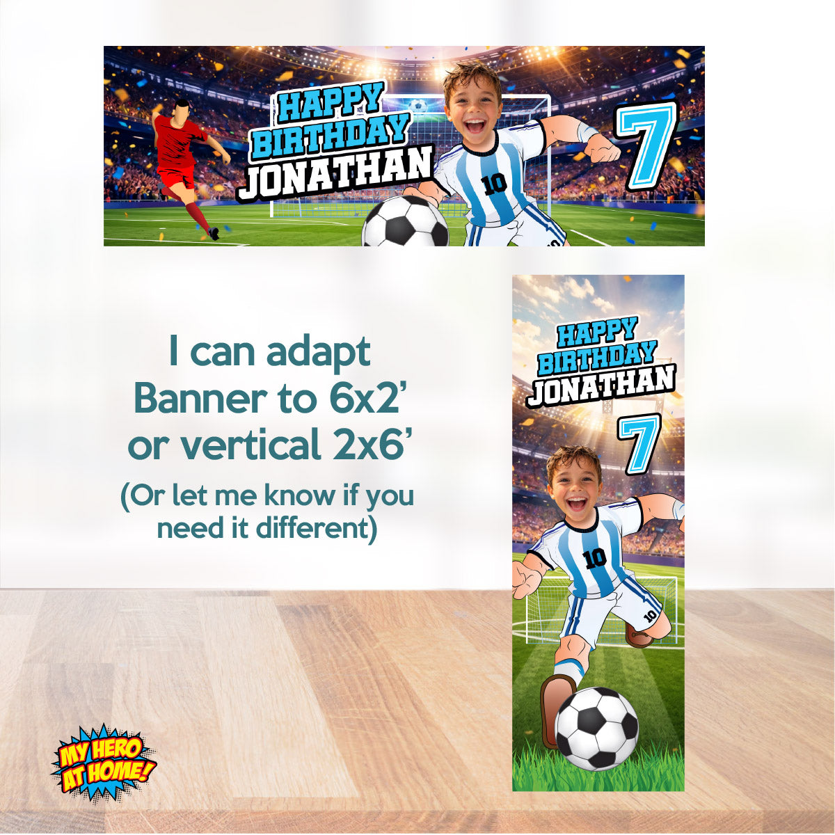 Custom Argentina Soccer party Bundle with photo, Messi backdrop, cake, welcome. 2456B4