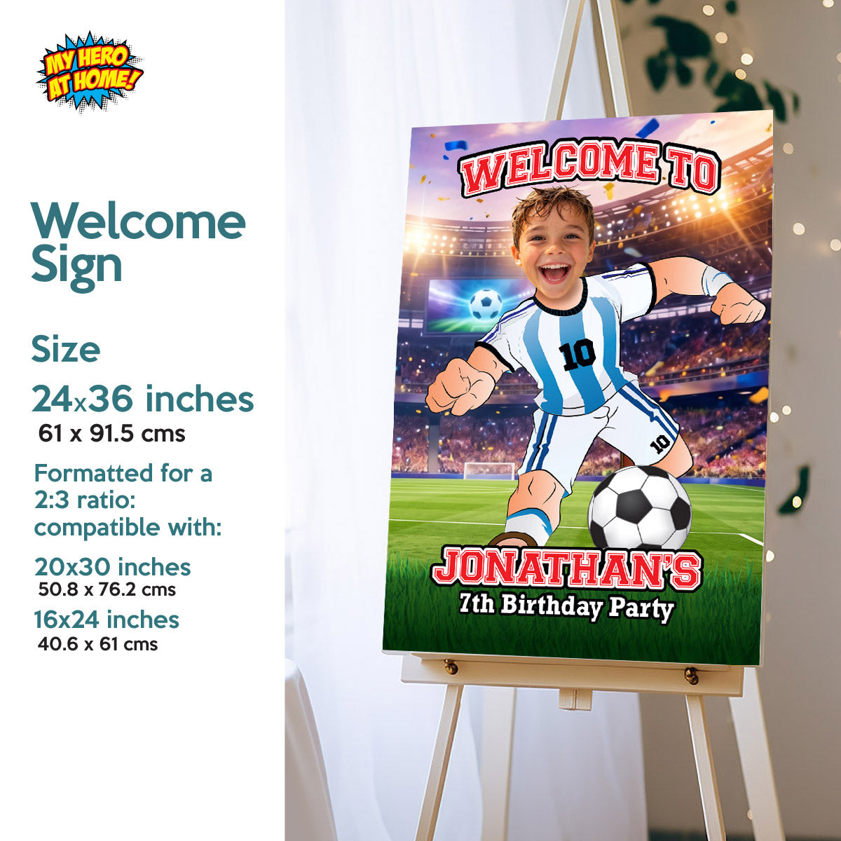 Custom Argentina Soccer party Bundle with photo, Messi backdrop, cake, welcome. 2456B4