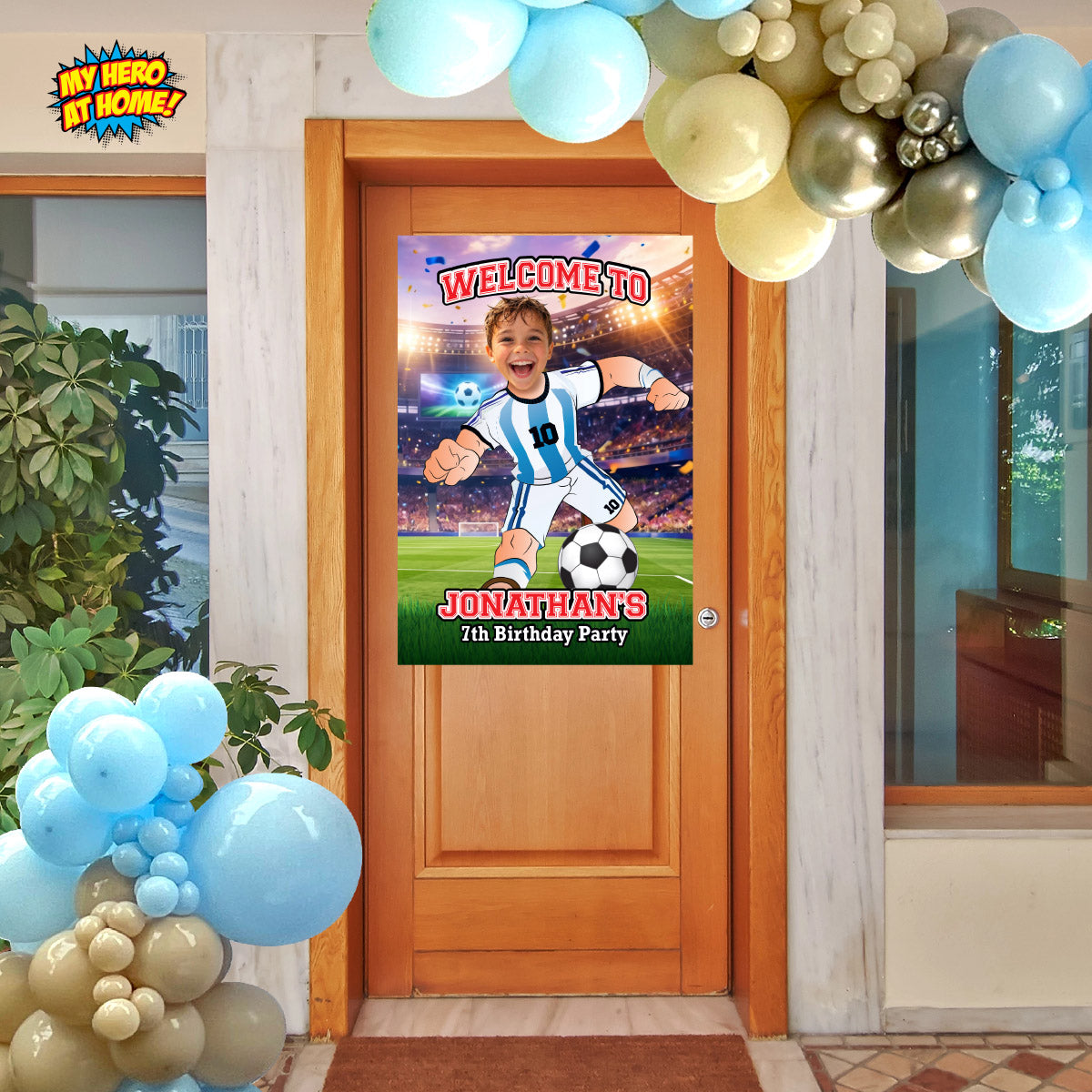Custom Argentina Soccer party Bundle with photo, Messi backdrop, cake, welcome. 2456B4