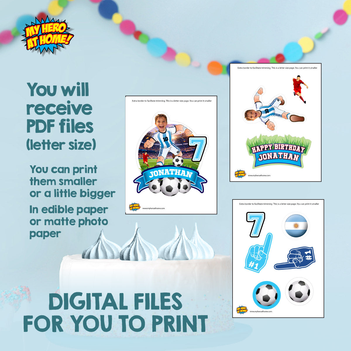 Custom Argentina Soccer party Bundle with photo, Messi backdrop, cake, welcome. 2456B4