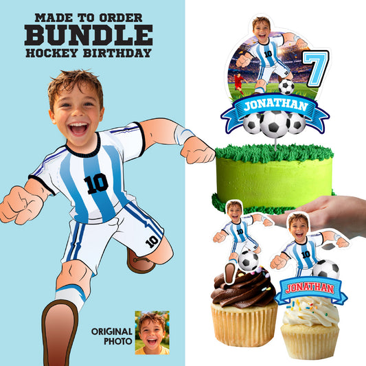 Argentina Soccer Matching Cake and Cupcake Toppers with birthday kid as Messi. 2456B5