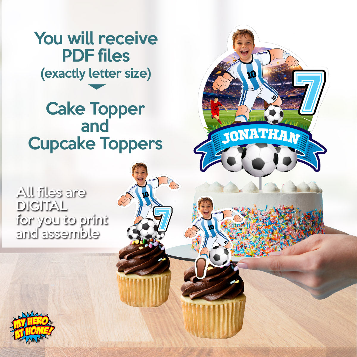 Argentina Soccer Matching Cake and Cupcake Toppers with birthday kid as Messi. 2456B5