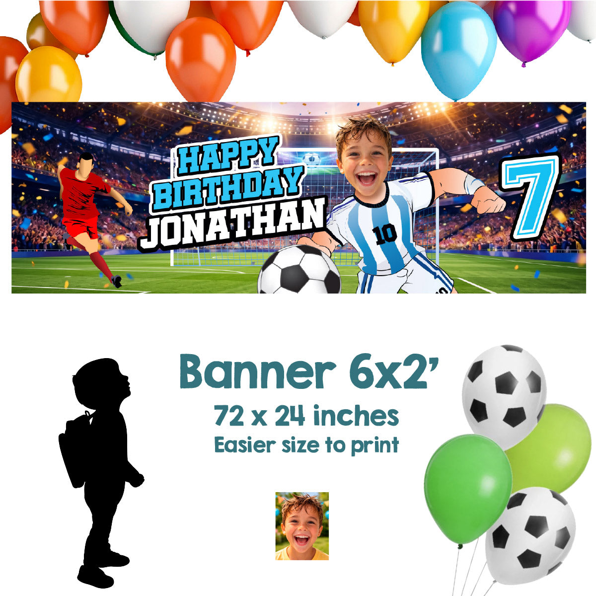 Argentina Soccer birthday banner with kid as his favorite player (6x2', Soccer decoration). 2456BBH