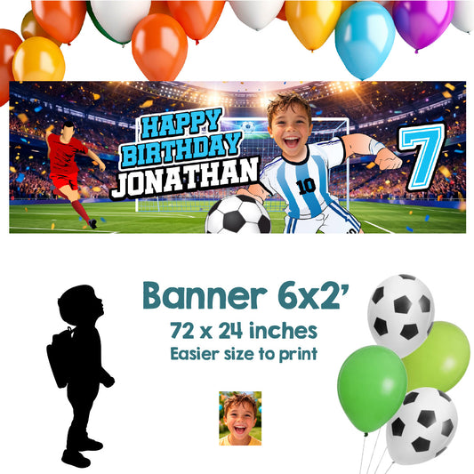 Argentina Soccer birthday banner with kid as his favorite player (6x2', Soccer decoration). 2456BBH