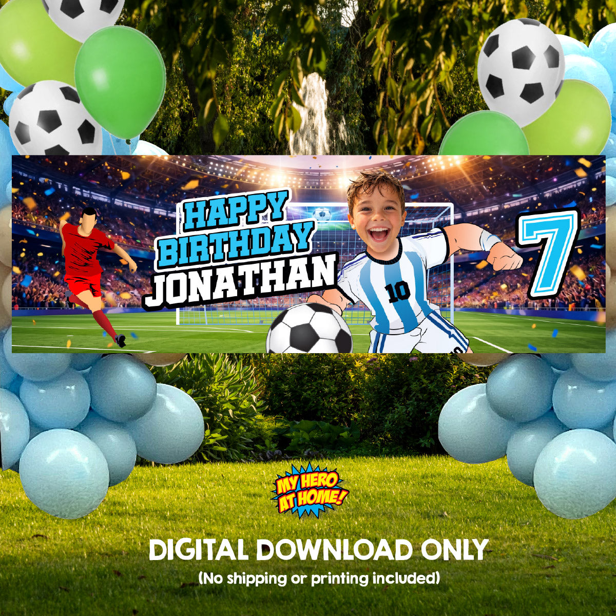 Argentina Soccer birthday banner with kid as his favorite player (6x2', Soccer decoration). 2456BBH