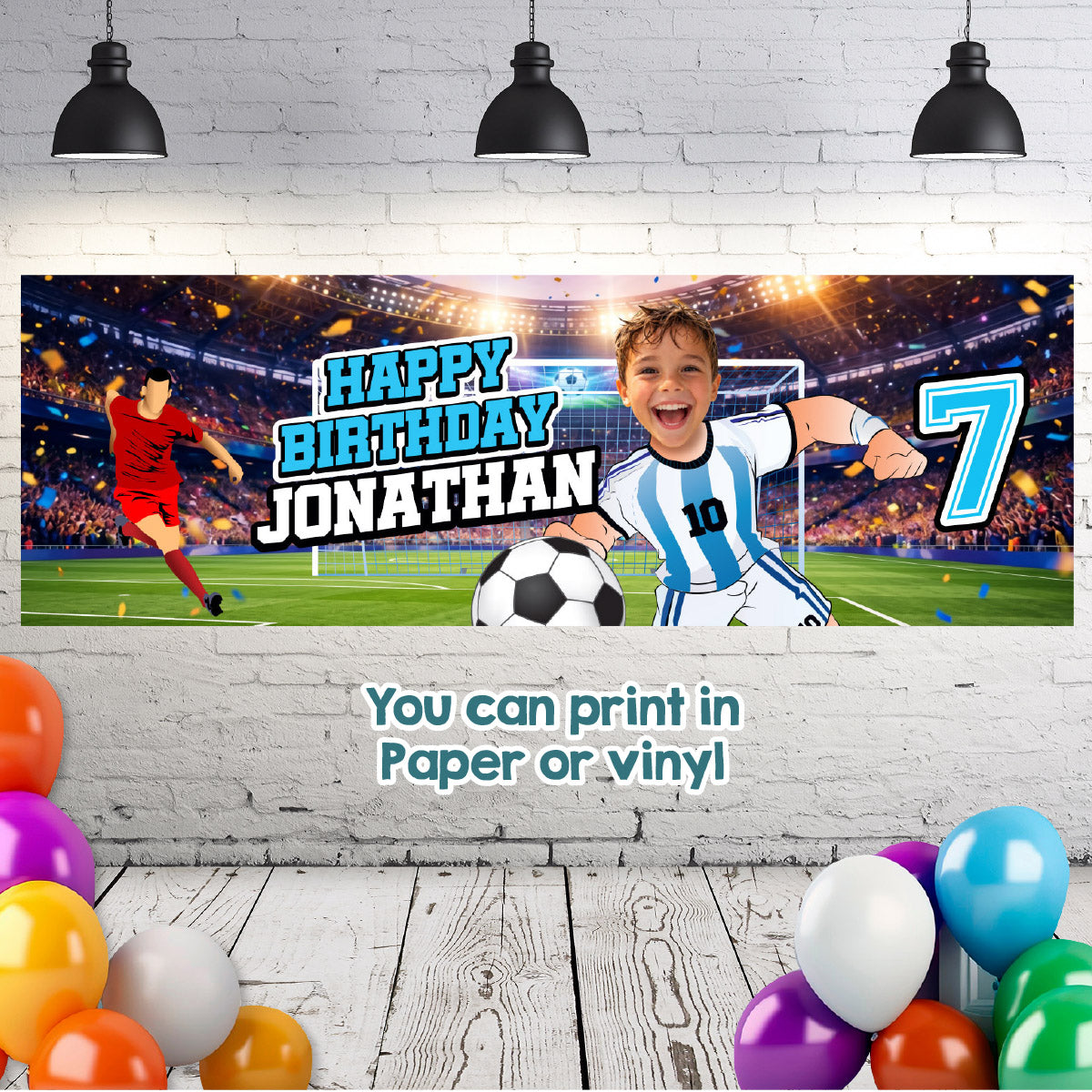 Argentina Soccer birthday banner with kid as his favorite player (6x2', Soccer decoration). 2456BBH