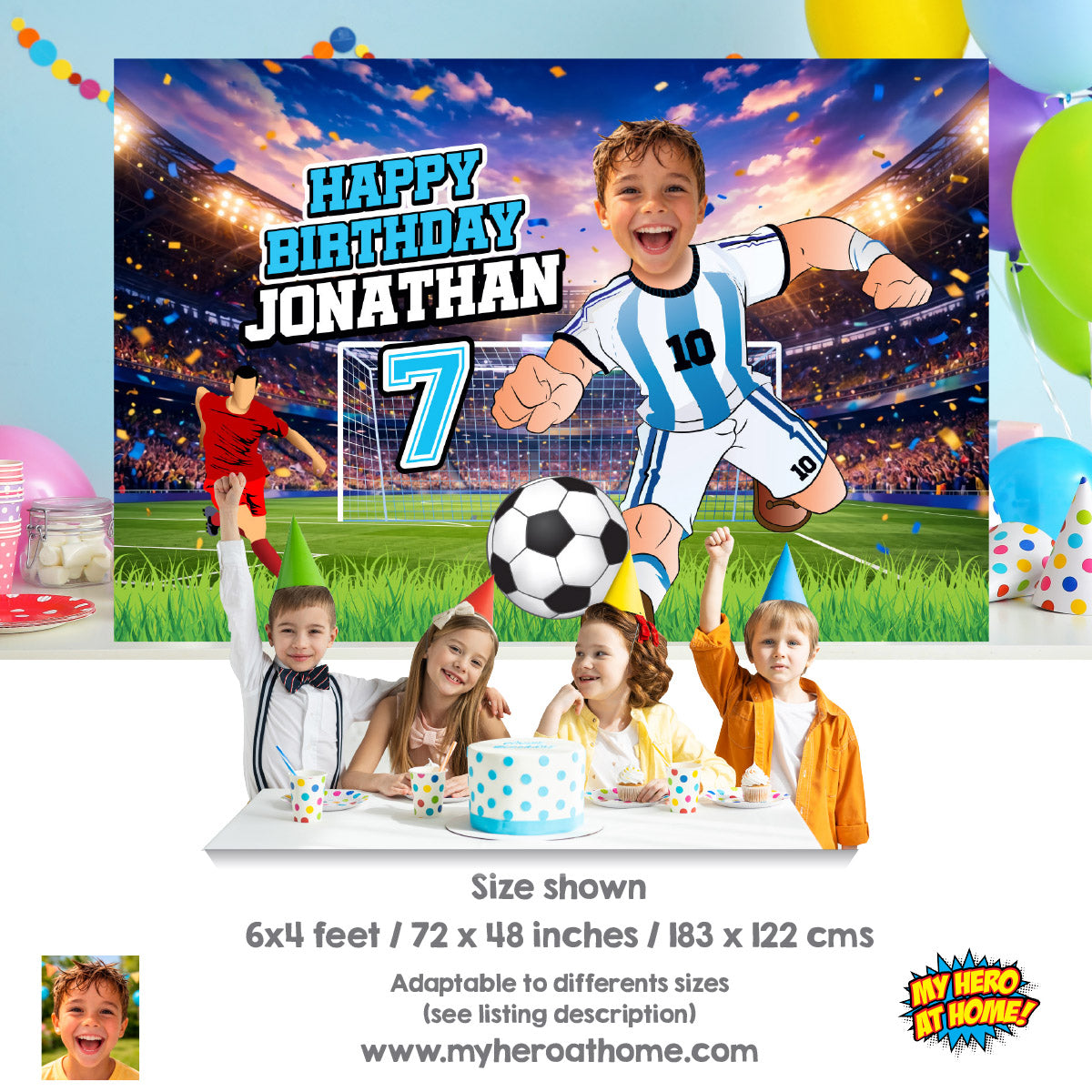 Soccer Birthday Backdrop with kid as Messi, Custom Futbol Argentina party banner decoration. 2456BB